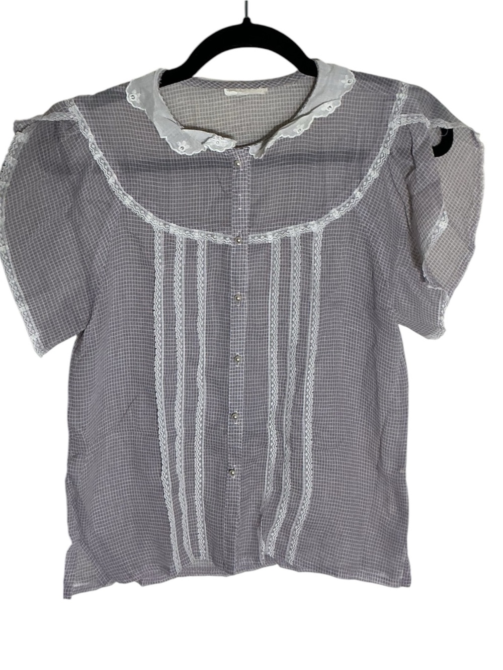Vtg Gunne Sax Lace Collar Trim Button Down Blouse Gray Square Print Size 5